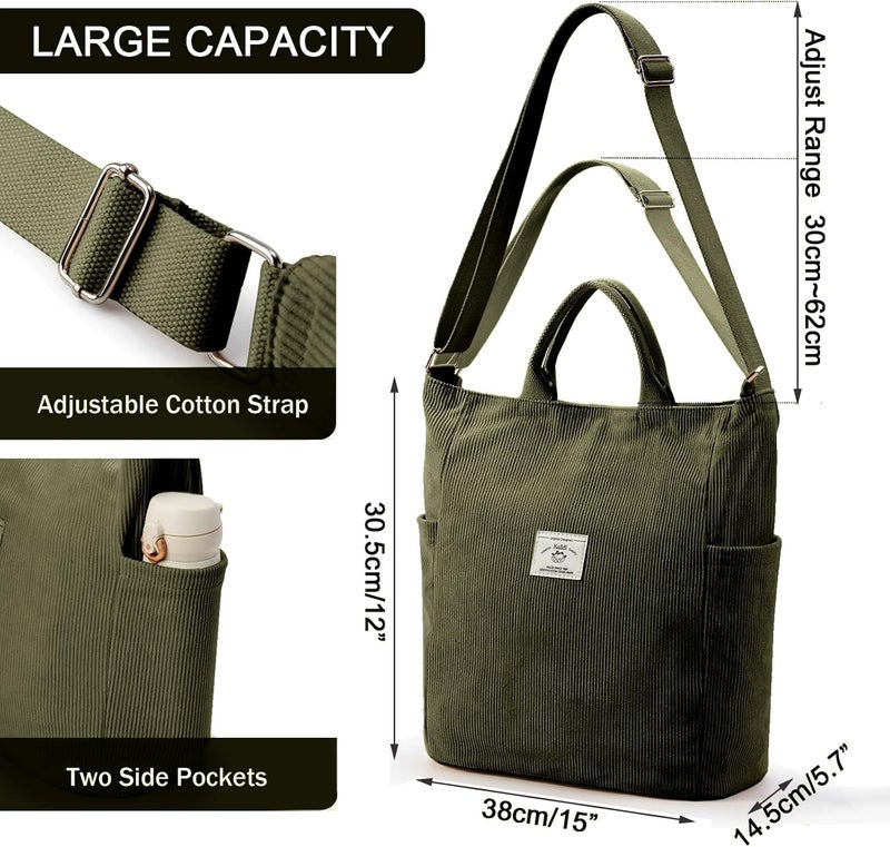 KALIDI Corduroy Tote Bag, Large Messenger Bag Shoulder Hobo Anti Splash Crossbody Zipper Bag Casual Work Shopping Women - Image 5